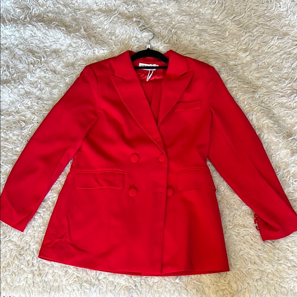 Bright red pant suit 1
